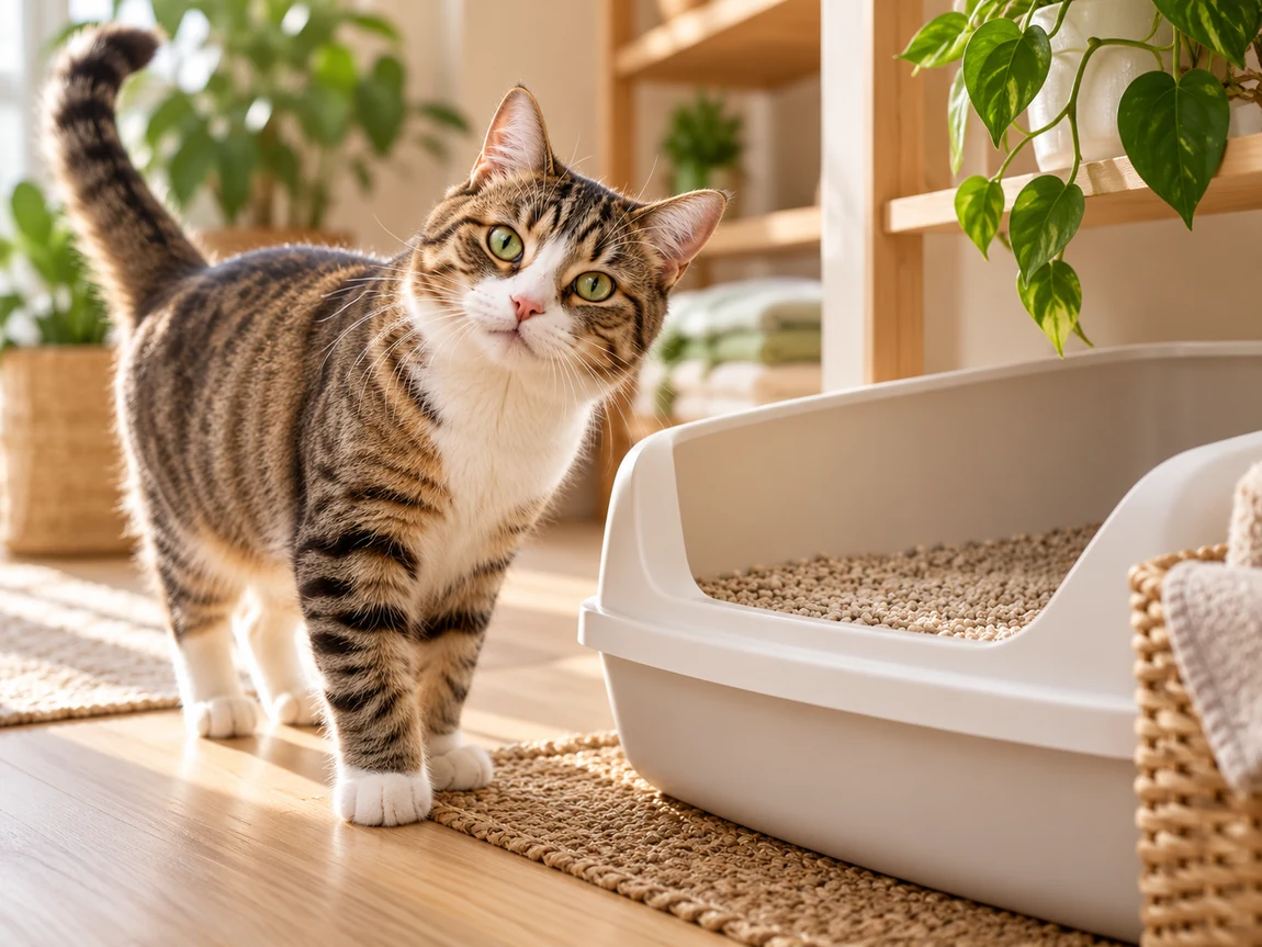 Kat staat bij een open kattenbak met schone kattenbakvulling