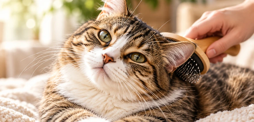 Gestreepte kat die rustig wordt geborsteld