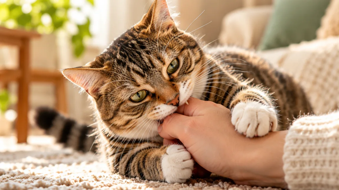 Een kat houdt een hand vast en bijt er zachtjes in tijdens contact