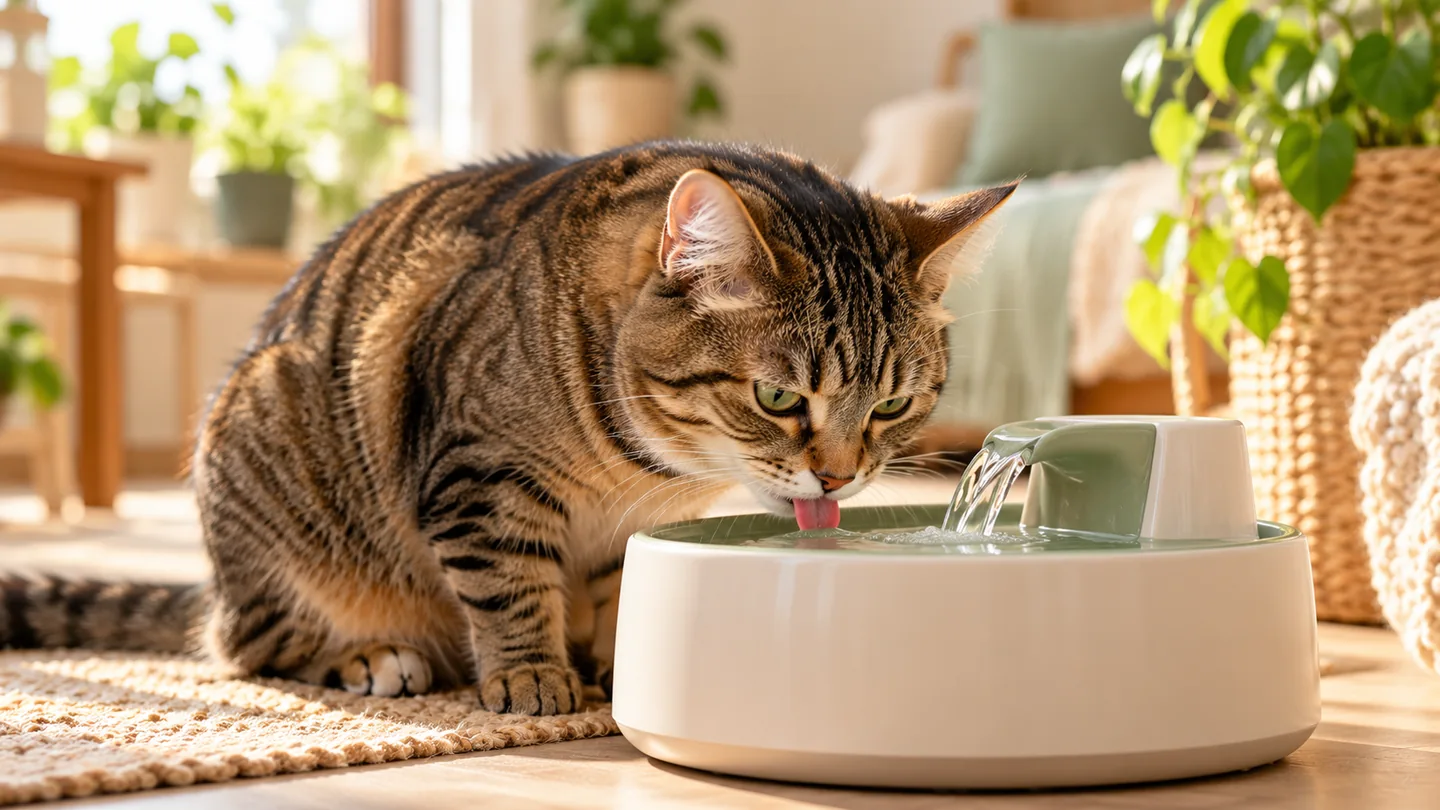 Een gestreepte kat drinkt uit een elektrische drinkfontein met stromend water