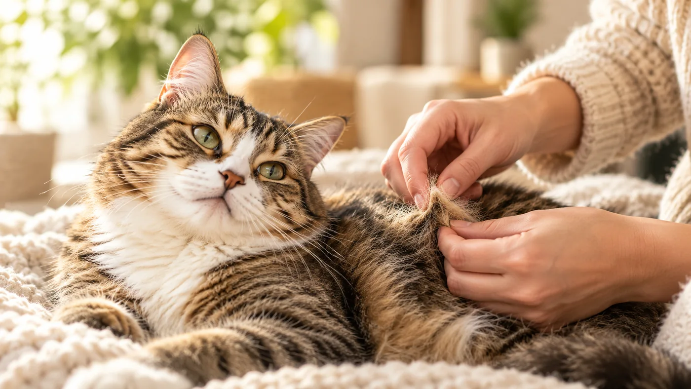 Een langharige kat terwijl de vacht voorzichtig op klitten wordt gecontroleerd