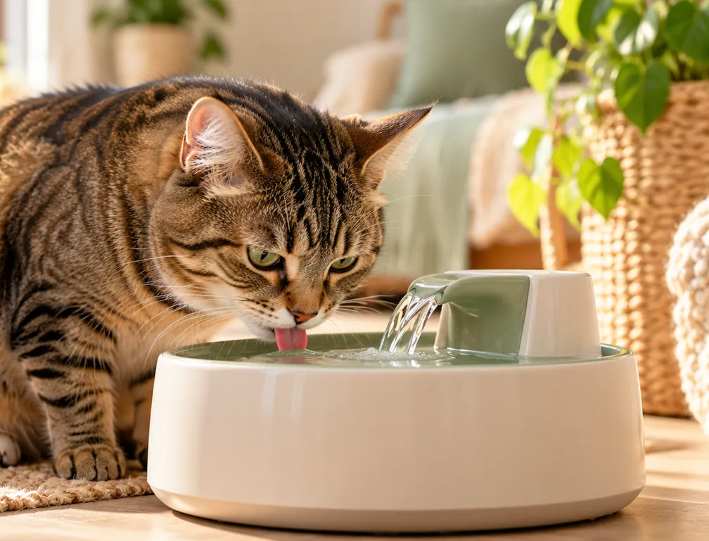 Kat drinkt water uit een fontein in een rustige woonkamer